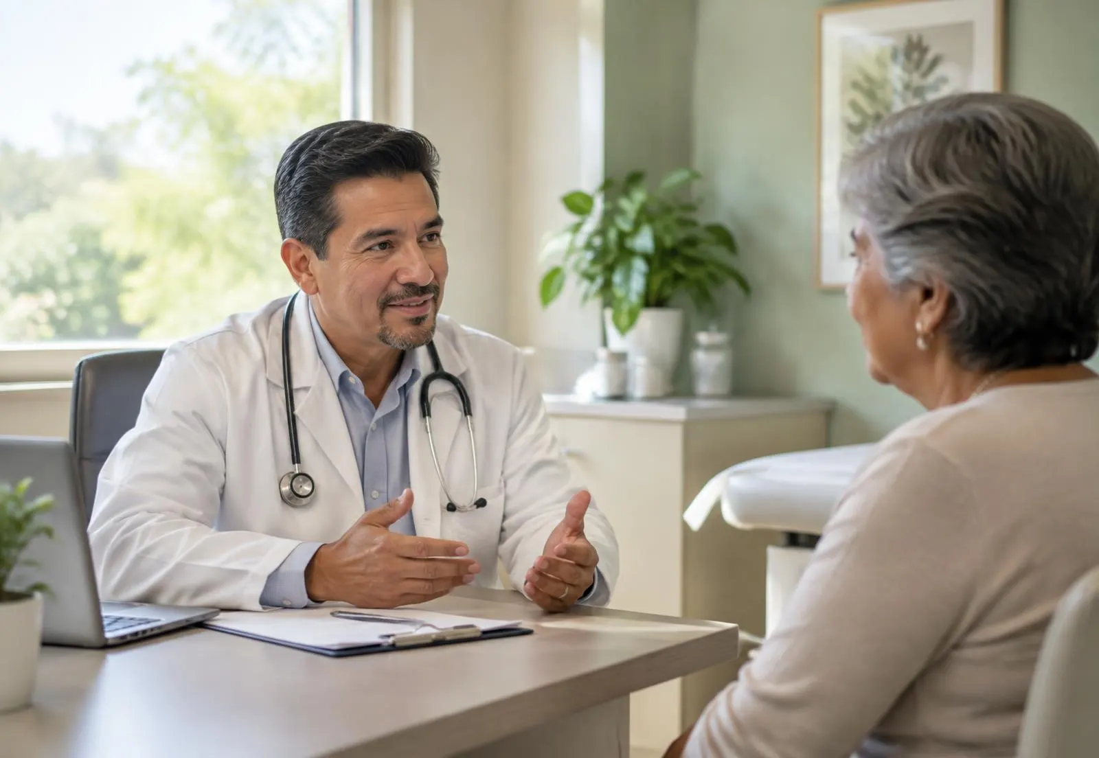 Médico conversando con una paciente adulta durante una consulta en un consultorio luminoso
