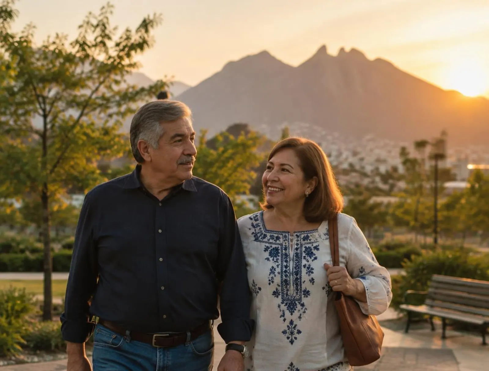 Pareja de adultos mayores caminando en un parque al atardecer con montañas al fondo