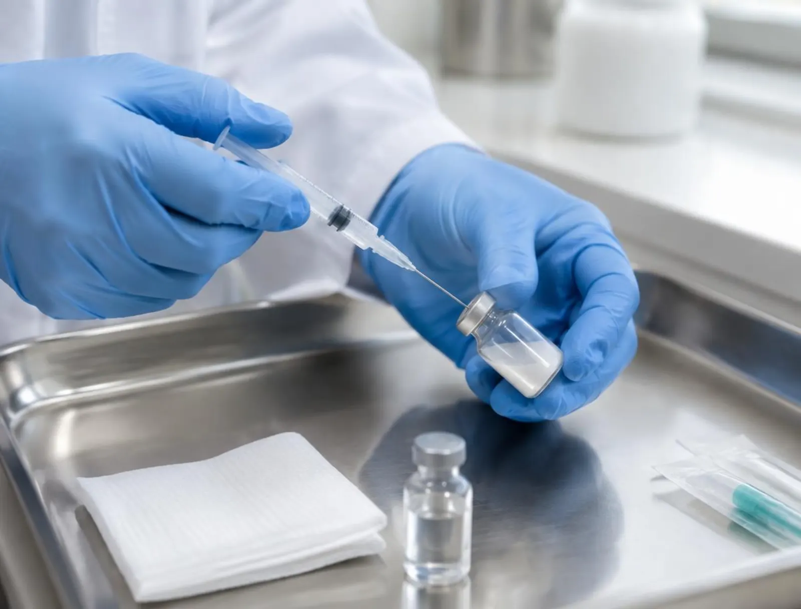 Escena ilustrativa de manos con guantes manipulando una jeringa y un vial genérico sobre una charola clínica